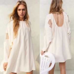 H&M Cream Low Back Voluminous Embroidery Sleeves Voluminous Mini Dress Large